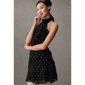 NEW Anthropologie Maeve Halter Rosette Black & White Polka Dot Mini Dress Small